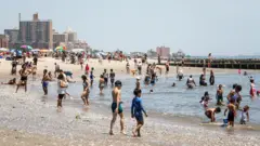 Playa con arena y piedras, y mucha gente