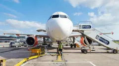 Vista frontal de um avião comercial estacionado, com equipes de solo trabalhando sob o nariz da aeronave e uma escada móvel com a marca “Menzies Aviation” posicionada ao lado