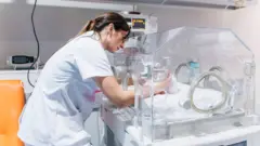 yenidoğan hemşiresi kuvözdeki bir bebeğe bakım veriyor. 