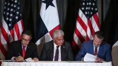 El ministro Frank Alexis Abrego, el presidente José Raúl Mulino y el secretario Pete Hegseth