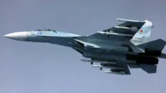 Изображение российского истребителя Су-27, бело-голубого цвета, в воздухе на фоне чистого голубого неба.