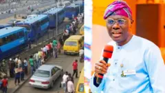 Awọn bọọsi BRT ni ibudokọ l'Eko ati Babajide Sanwo-Olu to wọ buba olomi buluu pẹlu gbohun-gbohun lọwọ