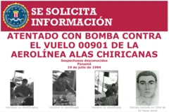 Cartaz do FBI pedindo informações sobre o atentado contra o voo 901 da Alas Chiricanas, que explodiu em pleno voo em 19 de julho de 1994, no Panamá
