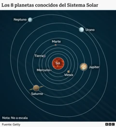 Un gráfico que muestra las órbitas de los ocho planetas conocidos alrededor del Sol: Mercurio, Venus, la Tierra, Marte, Júpiter, Saturno, Urano y Neptuno.