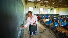 Aworan yii ṣafihan obinrin olukọ kan to wọ ẹwu alawọ pupa fẹẹrẹfẹ, o wọ yẹri dudu o si di irun ori rẹ ni sẹyin. Olukọ naa n fi ẹfun kọwe si oju patako bo ṣe n sọrọ lọwọ ni yara ikawe, bẹẹ ni awọn akẹkọọ to wọ aṣọ alawọ aro wa ni yara ikawe naa, wọn jokoo lori aga . Ferese ati ori aja yara ikawe naa han pẹlu.