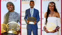 Atileet Siifan Hasan (bitaa) Atileetii Cimtuu Bara Kanaa jedhamuun yoo badhaafamtu, Taammiraat Tolaan (gidduu) ramaddii Atileetii Cimaa Dirreen Ala jedhuun Simboo Alamaayyoo (mirga) immoo Atileetii Cimtuu Lafaa Dhuftuun injifataniiru