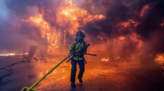 Un bombero enfretando el incendio en Palisades este jueves.