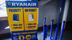 Табличка Ryanair в аэропорту Риги с пояснением, какую ручную кладь можно взять на борт в зависимости от типа билета.