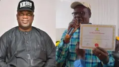 Họnarebu Busari Olakunle wọ aṣọ buba dudu ati fila dudu, Oriyomin Hamzat wọ ẹwu olomi buluu, o si mu iwe ẹri moyege lọwọ ati ẹrọ gbohungbohun