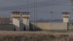 Marmara Cezaevi'nin uzaktan görünüşü. Cezaevi duvarları ve kulelerin önünde uzun ve sararmış çimenler yer alıyor