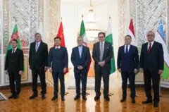 نمایندگان کشورهای شرکت‌کننده در نشست تهران در کنار پرچم‌های کشورهای شان ایستاده‌اند. 