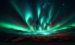 ภาพจำลองแสงออโรราสีเขียวเหนือทะเลทรายสีส้มแดง ซึ่งอาจคล้ายกับทัศนียภาพบนดาวอังคารยามค่ำคืน
