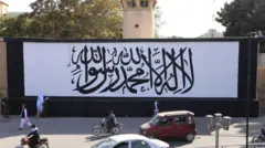 تابلویی در کابل با شعار حکومت طالبان 