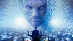 AI face with man standing by computers
