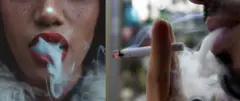صورتان متجاورتان لرجل وامراة ينفثان دخان سيجارتيهما