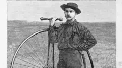 Thomas Stevens'ın dünya seyahati iki yıl sekiz ay sürdü. Çizimde Stevens, bisikletiyle görülüyor. 