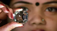 Una mujer sostiene una copia del diamante Koh-i-Noor.