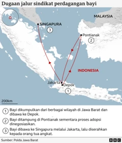Peta yang menunjukkan dugaan rute perdagangan bayi yang diambil dari Jawa Barat dan dikirim ke Singapura untuk diadopsi.