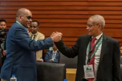 የትግራይ ጊዜያዊ አስተዳደር ፕሬዝደንት አቶ ጌታቸው ረዳ  እና የሕወሓት ሊቀመንበር ደብረፂዮን ገ/ሚካኤል በአፍሪካ ኅብረት ስብሰባ ወቅት 
