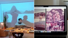 Colagem de fotos: à esquerda, Rafael Cosme sentado à frente das fotografias do acervo; à direita, um close da tela de seu laptop com imagens do acerto