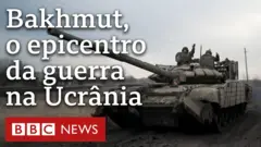 Imagem de soldados em tanque e o texto: Bakhmut, o epicentro da guerra na Ucrânia