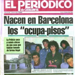 Reprodução da capa do jornal El Periódico, de 1984, com a seguinte manchete: "Nacen en Barcelona los "ocupas-pisos"
