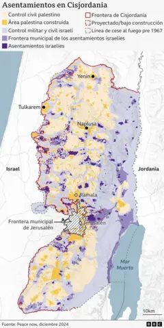 Mapa que muestra la distribución de asentamientos israelíes en Cisjordania