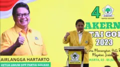 Ketua Umum DPP Partai Golkar Airlangga Hartarto dalam pembukaan Rapat Kerja Nasional Partai Golkar tahun 2023 di Jakarta, Minggu (04/06).
