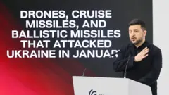 Зеленский на трибуне Мюнхенской конференции, рядом на огромном экране надпись на английском "дроны, крылатые ракеты и баллистические ракеты, которые атаковали Украину в январе"