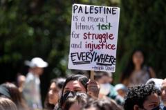 Una manifestante propalestina sostiene una pancarta en el campus de UCLA en Los Ángeles en 29 de abril de 2024.