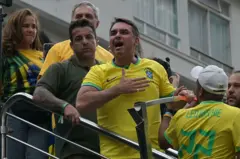 Flávio Bolsonaro durante uma manifestação em São Paulo, Brasil, em 1º de março de 2026