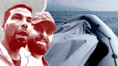 Composite image of two men as filmed by our undercover reporter - the one on the left has dark hair, a beard and is wearing a zipped fleece, while the other also has a beard and is wearing a baseball cap. In the background, an inflatable boat used by smugglers out at sea, with land on the horizon