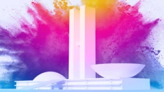 Ilustração do Congresso Nacional com manchas de cores diferentes atrás, representando as trocas de partidos