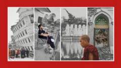 မန္တလေးက ငလျင် တိမ်းစောင်း အဆောက်အဦတစ်ခုရှေ့ ကူညီကယ်ဆယ်ရေးလုပ်နေတဲ့ အဖွဲ့၊ ဘီးတပ်ကုလားထိုင်ပေါ် ထိုင်နေတဲ့ ဦးအာကာမင်းစိုး၊ ငလျင်ဒဏ်သင့် မန်း မြို့ရိုးမုခ် တစ်ခုနဲ့ ကျုံးတစ်ဖက်ကမ်းမှာ လမ်းလျှောက်နေတဲ့ သံဃာတော် တစ်ပါး၊ မန္တလေးမြို့က ငလျင်ကြောင့် ပြိုကျခဲ့တဲ့ ရွှေဘုန်းရှိန်ဗလီ စတာတွေကို အဖြူရောင်နဲ့ အနီရောင် နောက်ခံတဲ့ ပြုပြင်ထားတဲ့ ပေါင်းစပ်ဓာတ်ပုံ 