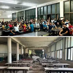 Uma grande multidão posa para uma fotografia dentro do refeitório, comparada com uma imagem do prédio danificado após a queda do avião