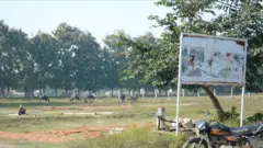 धन्नीपुर गांव में मस्जिद के लिए आवंटित जगह पर लगे बोर्ड पर लगा नक्शा बदरंग हो चुका है. सामने मैदान में कुछ भैंसें चर रही हैं और एक आदमी बैठा है