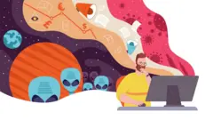 Ilustraçãofutebol 24h nova apostahomem preocupado sentadofutebol 24h nova apostafrente a um computador, com desenhofutebol 24h nova apostaalienígenas, vírus e vacinas ao fundo