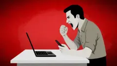 Rejdž bejt, muškarac ljutito udara rukom o sto dok gleda kompjuter