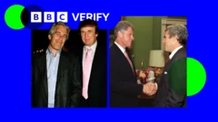Logo BBC Verify derrière les images de Donald Trump et Jeffrey Epstein, ainsi que Bill Clinton et Jeffrey Epstein. 