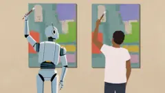 Ilustração mostrando um homem e um robô lado a lado, diante de duas telas. O homem está pintando quadrados coloridos em sua tela, e o robô o observa e faz o mesmo, como se estivesse copiando-o.