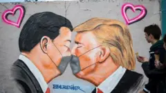 Graffiti showing Xi Jinping and Donald Trump kissing in face masks