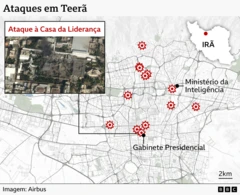 Mapa mostra a localização dos ataques em Teerã, próximos a áreas estratégicas