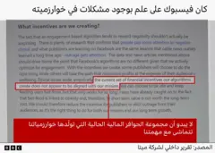 رسمٌ بياني يعرض وثيقة من فيسبوك بعنوان: "كان فيسبوك على علم بوجود مشكلات في خوارزميته". وتظهر في الرسم فقرة تحت عنوان "ما الحوافز التي نخلقها؟" تشير إلى أن "الخوارزمية القائمة على التفاعل تميل إلى مكافأة المحتوى السلبي". وتضيف الوثيقة أنه بينما قد يختار بعض الناشرين التصرف بمسؤولية، فإن "آخرين سيسلكون المسار الذي يحقق أقصى الأرباح على حساب رفاهية جمهورهم". ويبرز اقتباس يقول: "لا يبدو أن مجموعة الحوافز المالية الحالية التي تولّدها خوارزمياتنا تتماشى مع مهمتنا."