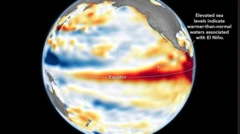 Imagem da Nasa mostrando, em vermelho, o aquecimento das águas do oceano Pacífico perto da linha do Equador