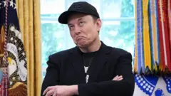 Elon Musk de braços cruzados na Casa Branca, olhando para cima
