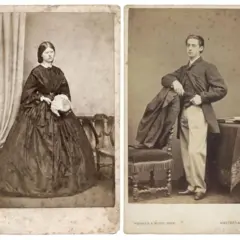 Retratos antigos de uma mulher de vestido e um homem de terno, usados em cartões de visita do passado