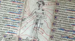 Manuscrito do século 14 com a figura de um corpo humano e instruções para a realização de sangria