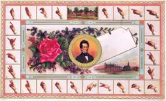 Ilustración del Colegio Nacional de Sordomudos de Estados Unidos de un alfabeto de señas en esta gran tarjeta litográfica emitida en Washington, DC, alrededor de 1875.