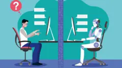 رسم بياني يُظهر شخصاً وروبوتاً يجلسان متقابلين، يفصل بينهما جدار أزرق، وكلاهما أمام جهاز كمبيوتر، وتظهر فقاعات كلامية تُشير إلى أنهما يتحدثان مع بعضهما. فوق الشخص فقاعة تفكير تحتوي على علامة استفهام.