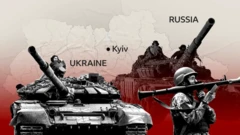 Stylised image showing a map of Ukraine overlaid with images of tanks and a soldier holding a shoulder launcher